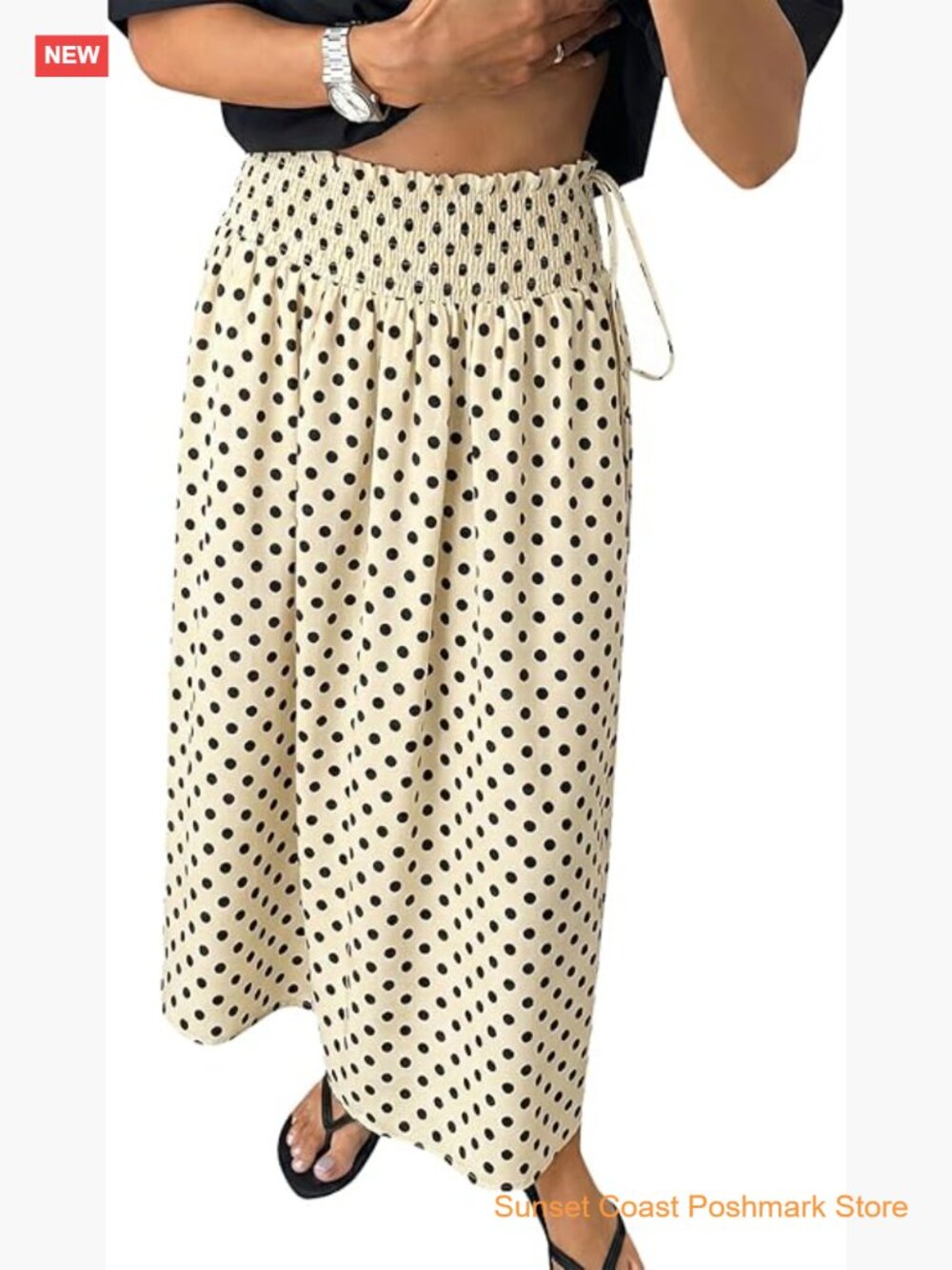 Womens Polka Dot Maxi Skirt Boho Smocked High Waisted Tie Skirt Beach Vacation